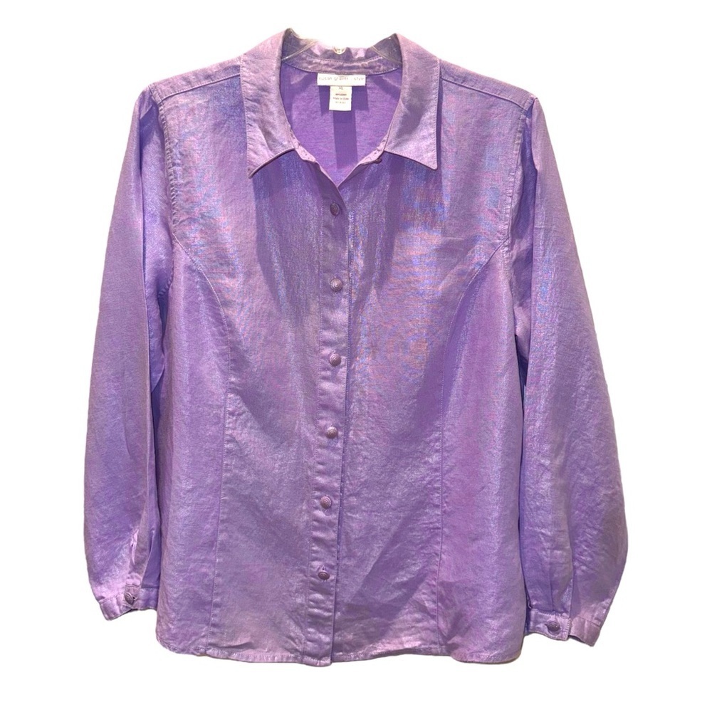 Susan Graver Size XL 100% Linen Lt Purple Button Front Blouse w/Princess Seams